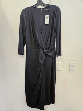 Lauren Ralph Lauren Black Faux-Wrap Midi Dress with Side Knot